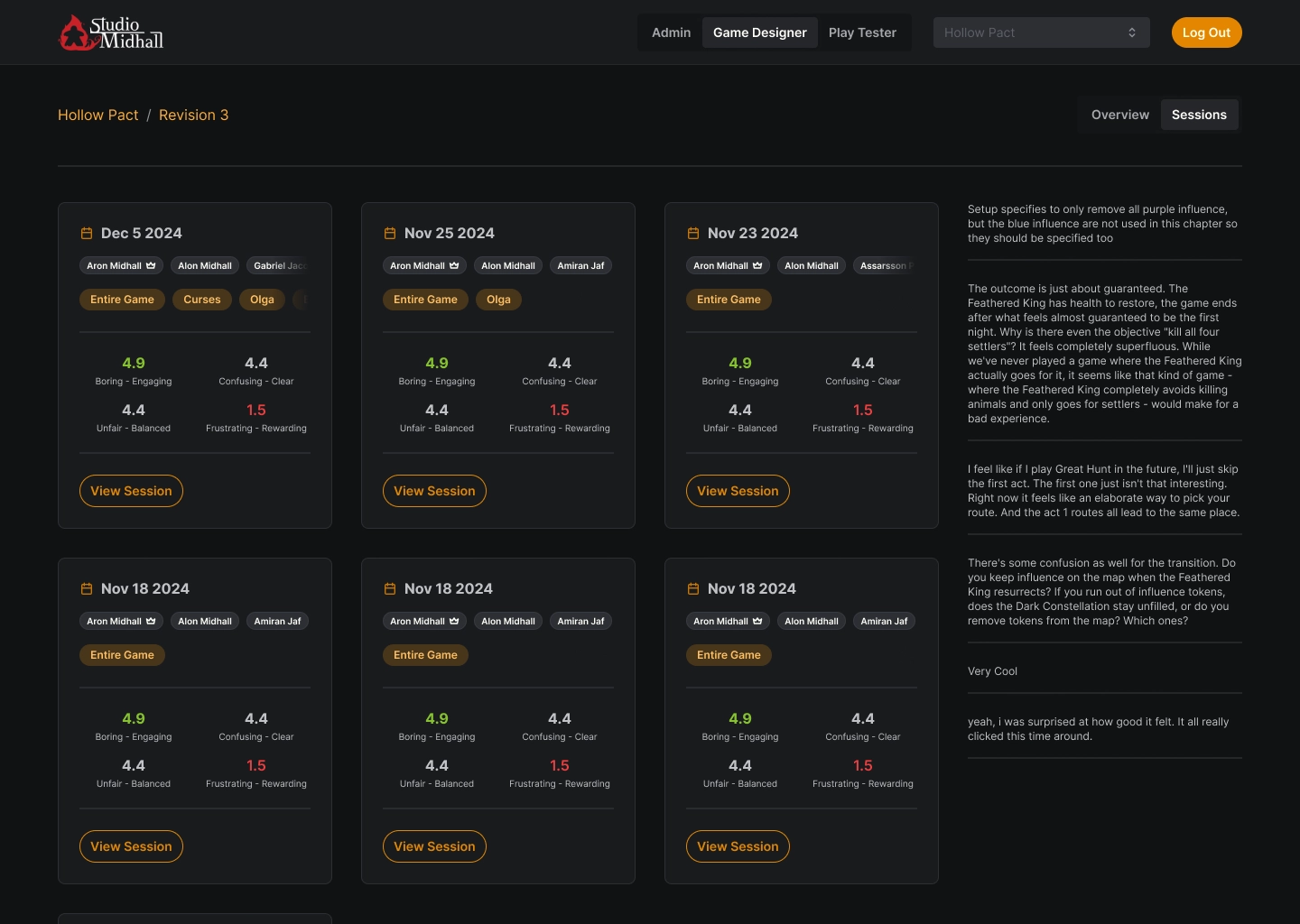 Game designer sessions view