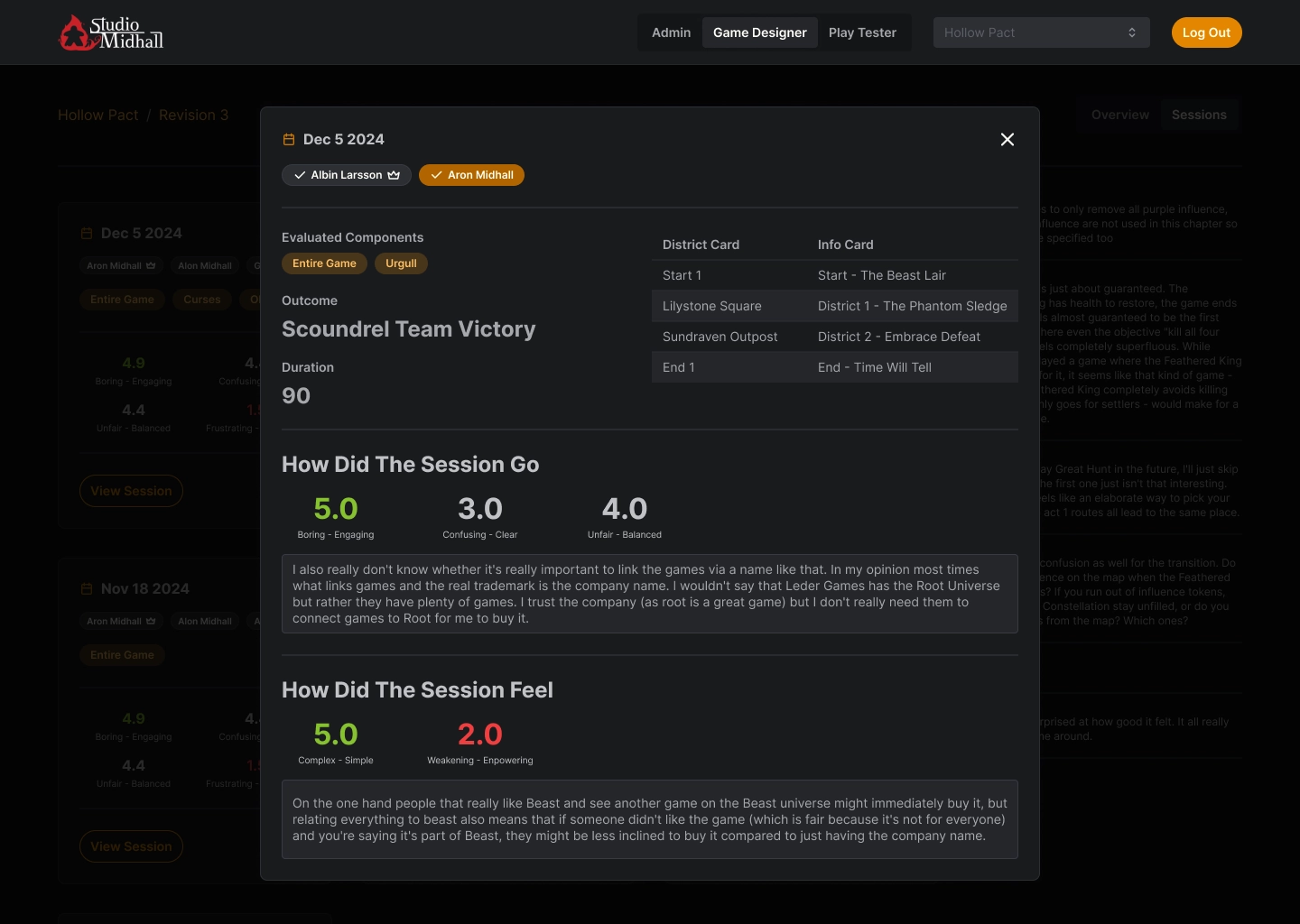 Game designer session detail