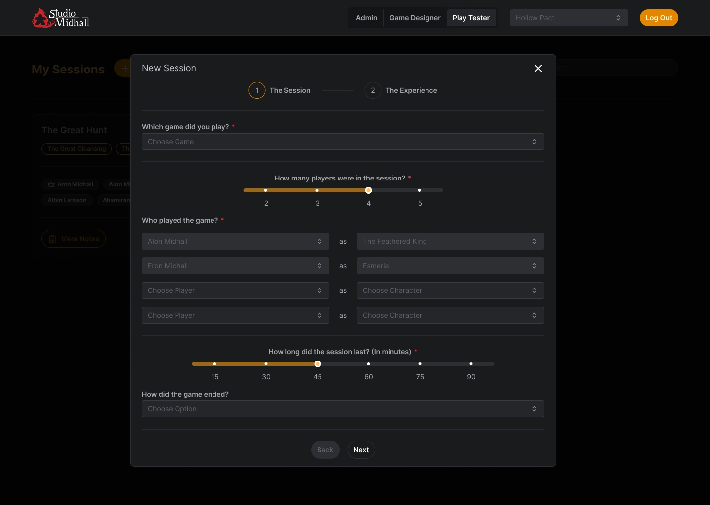 Playtester session entry flow